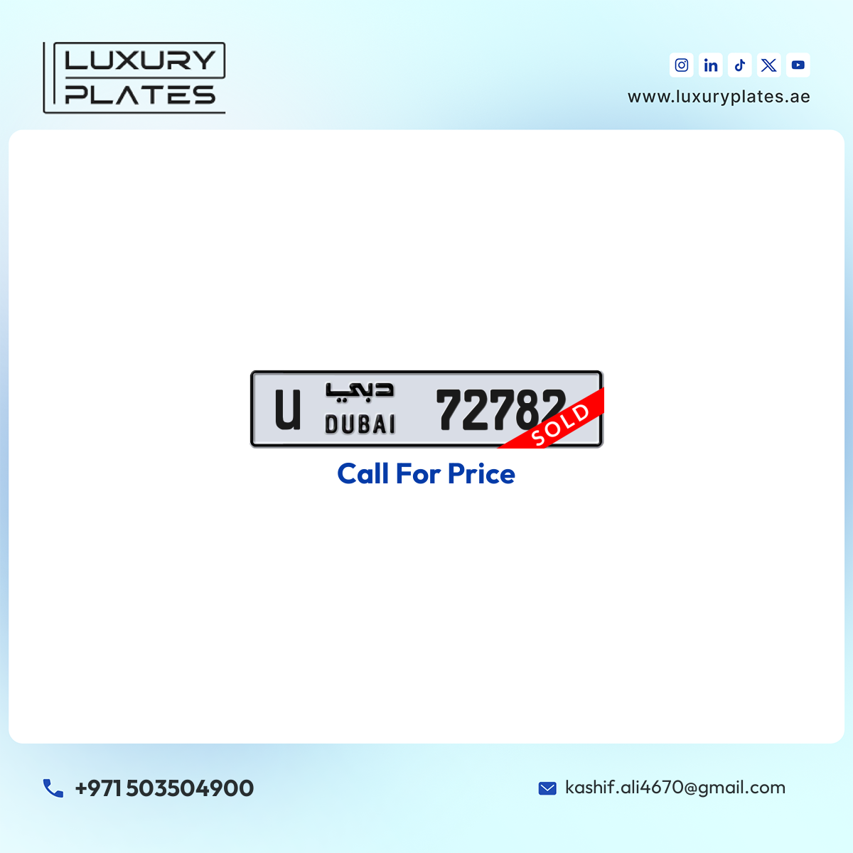 Plate number Dubai 72782 code U For sale