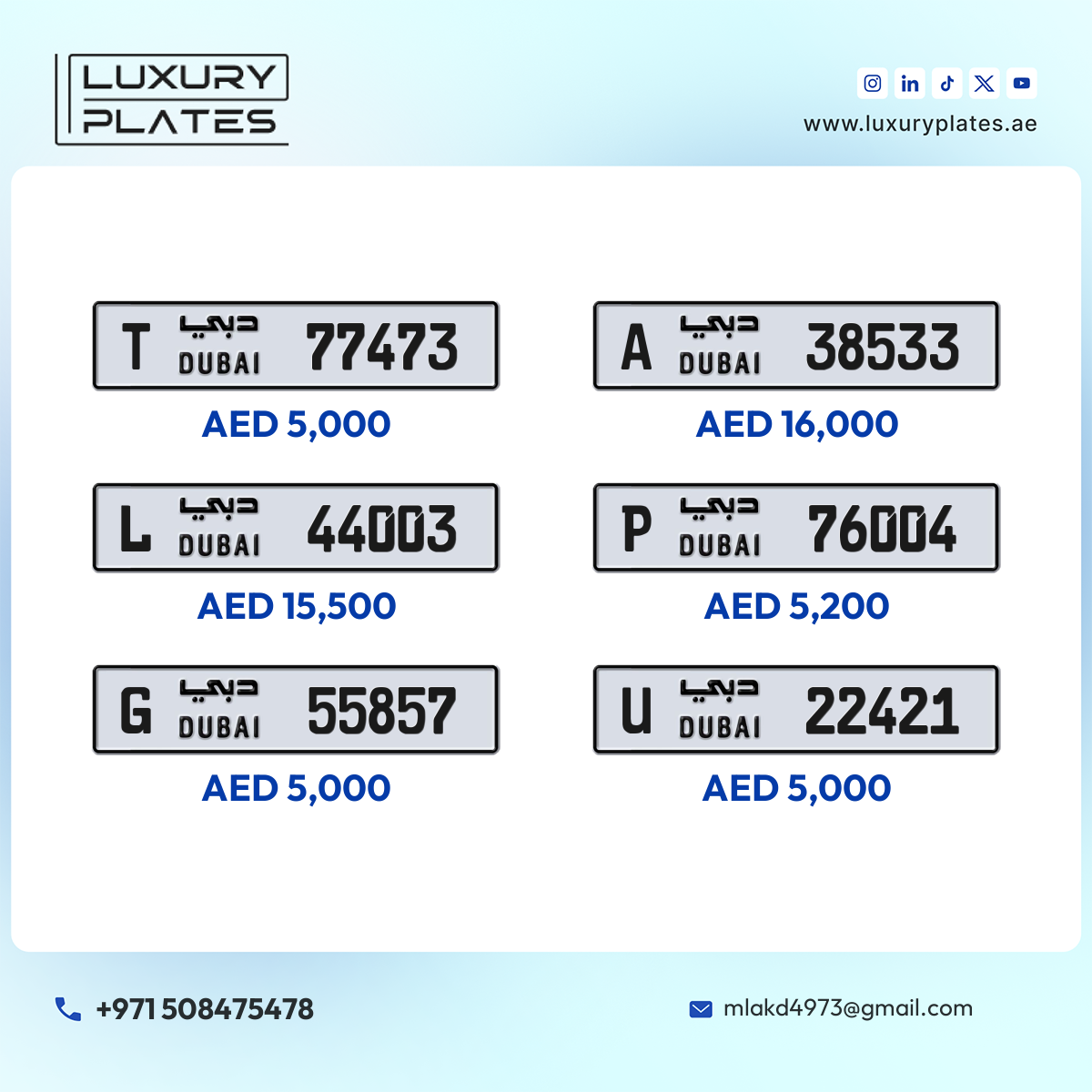 Plate number Dubai 22421 code U For sale