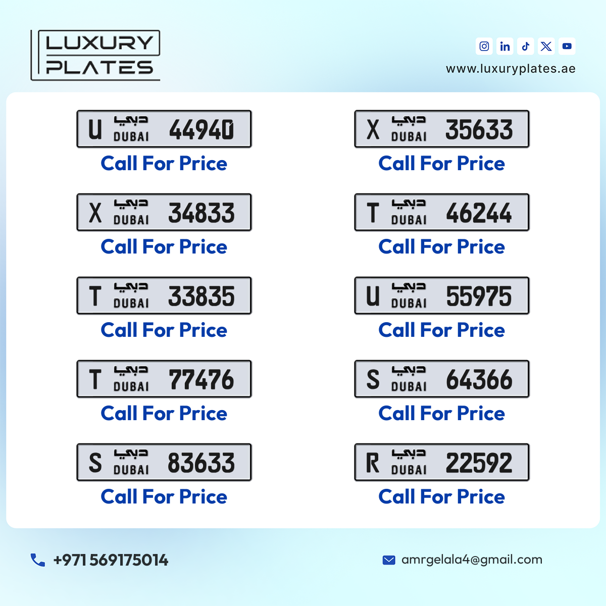 Plate number Dubai 44940 code U For sale