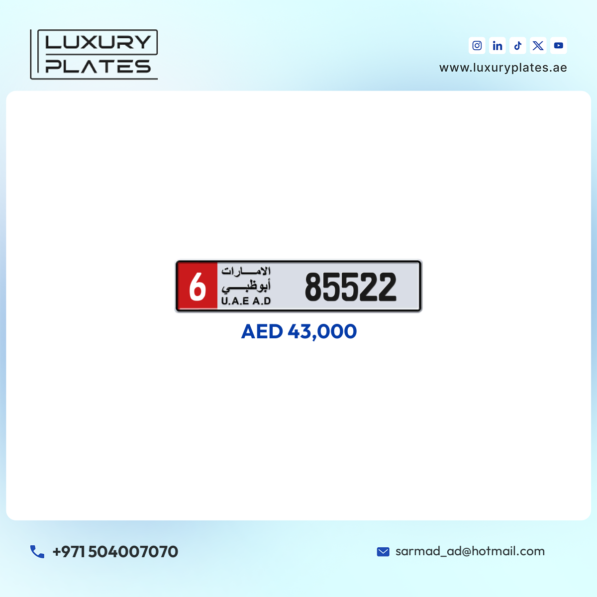 6 85522 Abu Dhabi License Plate