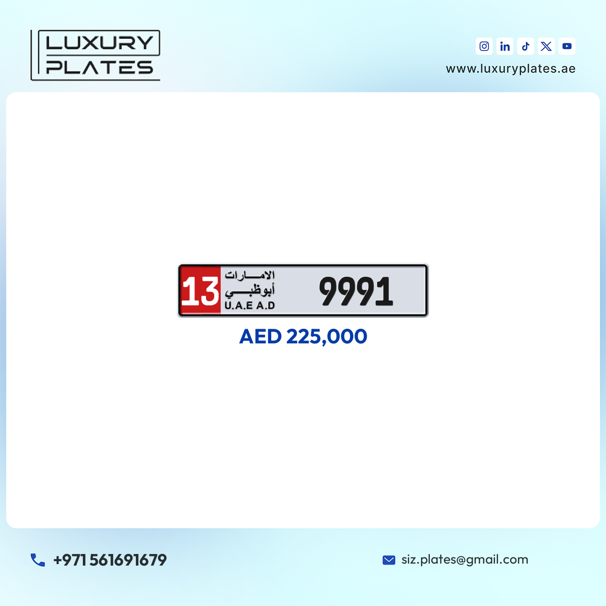 13 9991 Abu Dhabi License Plate
