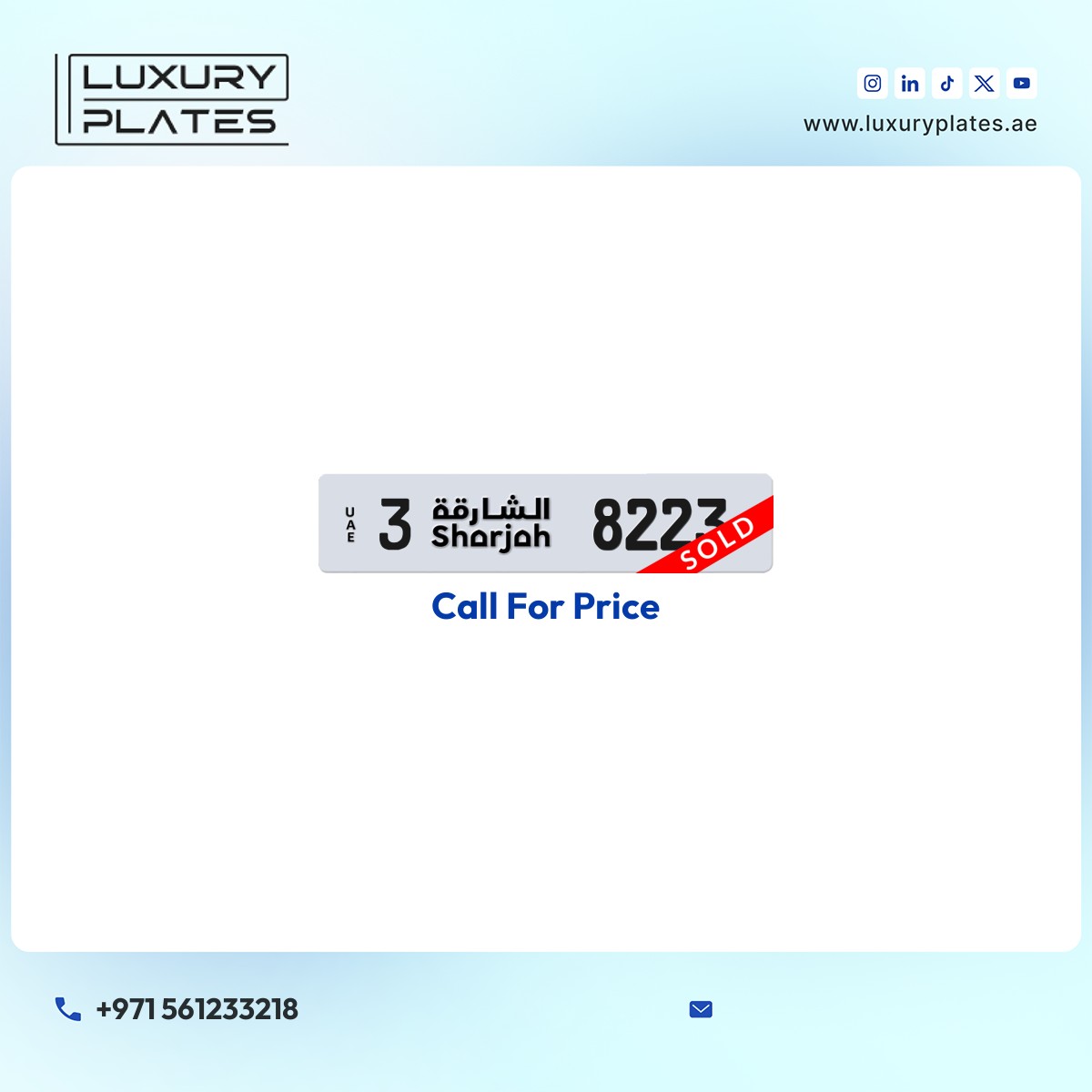 3 8223 Sharjah License Plate