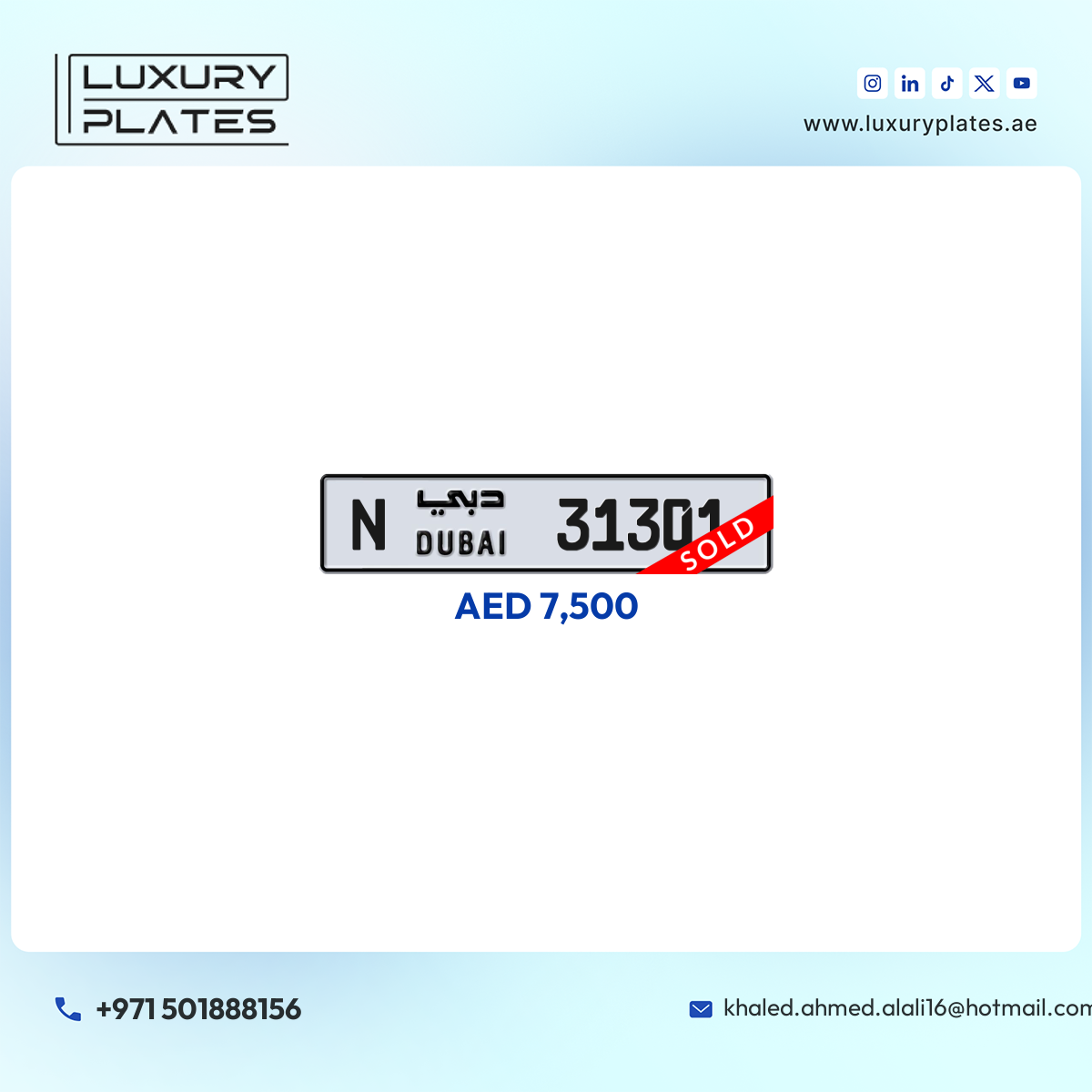 N 31301 Dubai License Plate